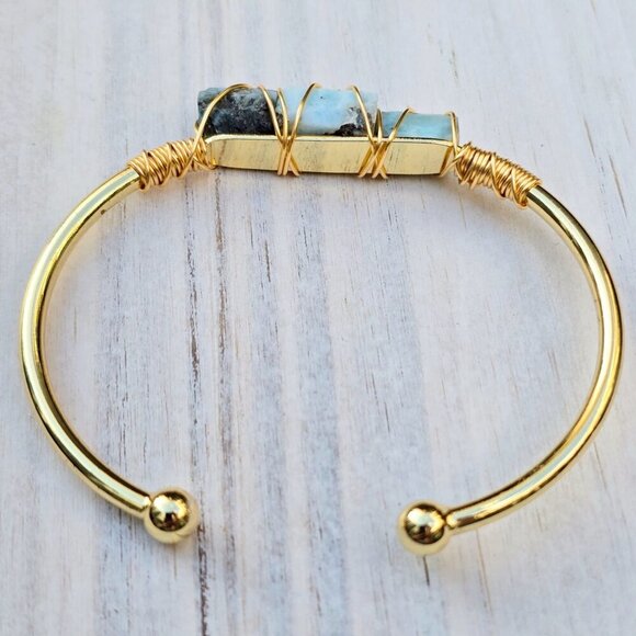Larimar ✦ Wire Wrap Cuff ✦ 14Kt Gold Over Copper w/ Ocean Calm & Peace Talisman - Picture 12 of 12